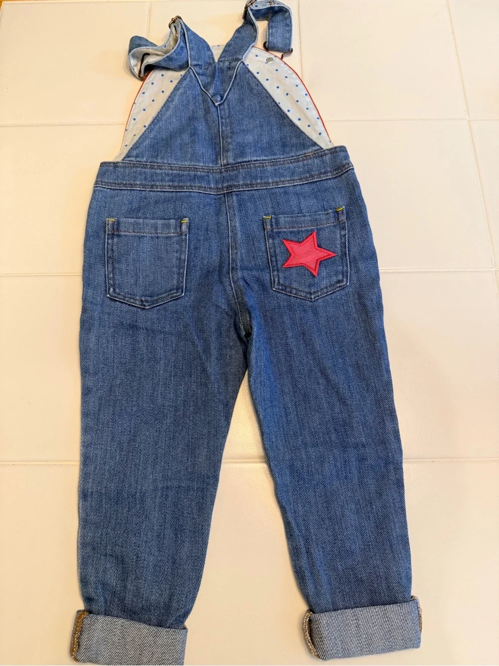 Mini Boden Rainbow Patch Denim Overalls - Blue with Red, Green, Yellow EUC